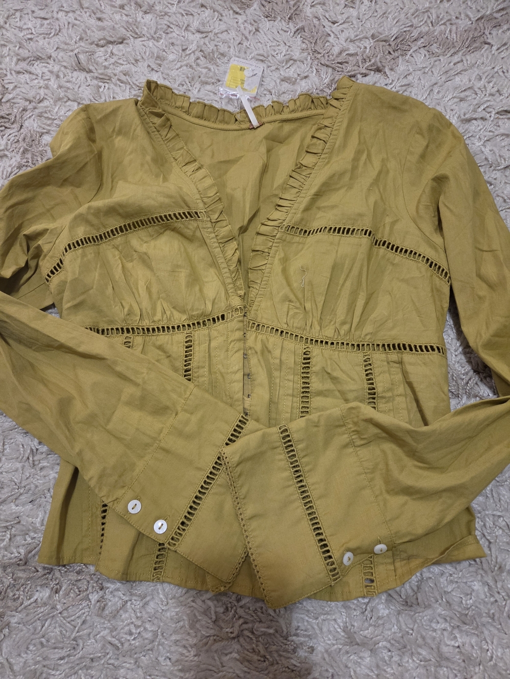Free People Mustard Yellow Ladder-Trim Button Blouse